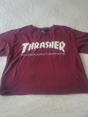 Vintage Y2K Thrasher Magazine Cropped Graphic T-Shirt Maroon Size Small 1990s